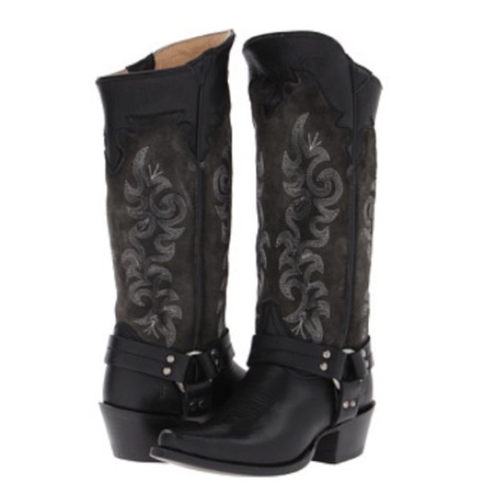 FRYE Lily Harness Tall Boots Black Embroidered Leather Suede Western Size 6.5